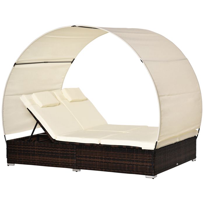Outsunny Lit de Jardin modulable Bain de Soleil 2 Places Grand Confort Pare-Soleil Amovible Matelas tétière crème résine tressée
