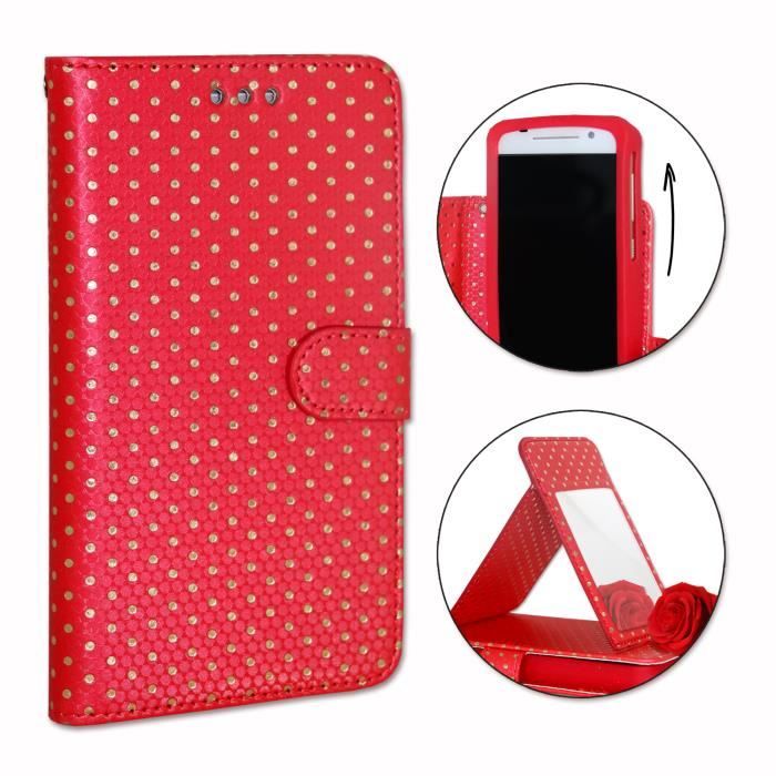 PH26® Etui housse folio rouge à pois dorés pour Thomson Serea 405 en éco-cuir avec porte cartes, miroir et surpiqures apparentes