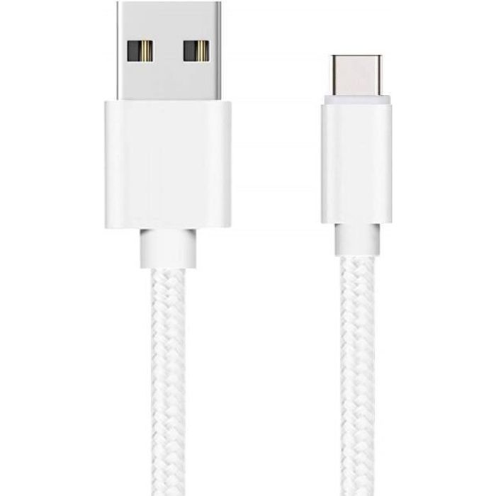 Cable USB-C pour Samsung A21S - A31 - A41 - A51 - A71 - Cable chargeur Type USB-C Nylon Tressé Argent Blanc 1 Mètre Phonillico®