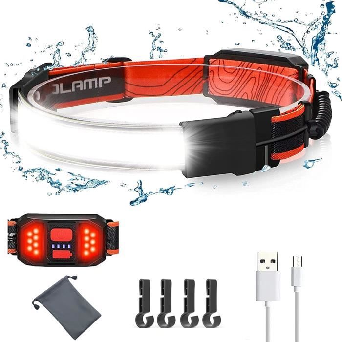 Lampe frontale rechargeable,230 ° à faisceau large avec feu arrière rouge 3 modes d'éclairage réglable pour la course à pied à vélo