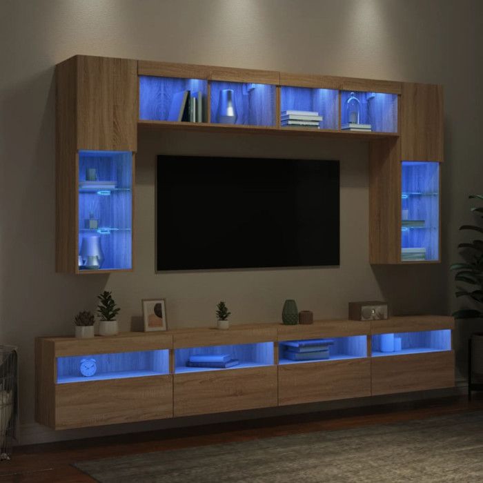Ensemble de meubles TV muraux 8pcs et lumières LED chêne sonoma