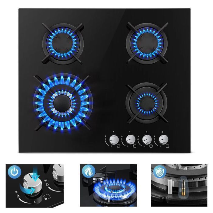 Plaque de cuisson Gaz plaque gaz encastrable 4 foyersTable GazL60 cmGaz Naturel/GPL8060 W Verre Noir
