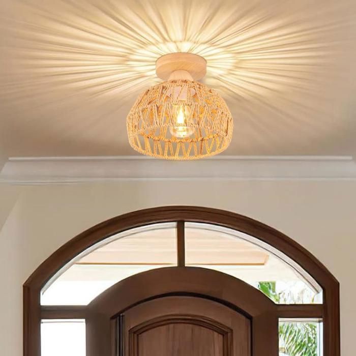IDEGU Plafonnier Vintage Industrielle Lustre en Bois et Rotin Cage Abat-jour Lampe de Plafond E27 Éclairage pour Entrée Couloir