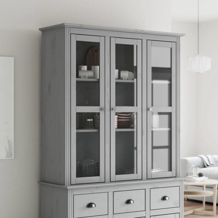 BEST Buffet de rangement enfilade - Armoire avec portes vitrées BODO gris bois de pin massif fr6477