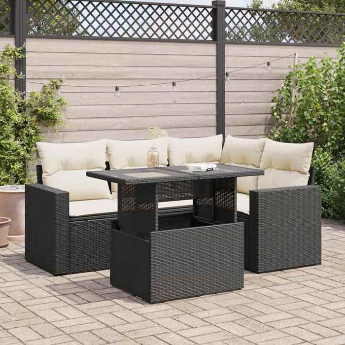 vidaXL Salon de jardin 5 pcs avec coussins noir résine tressée 3326307