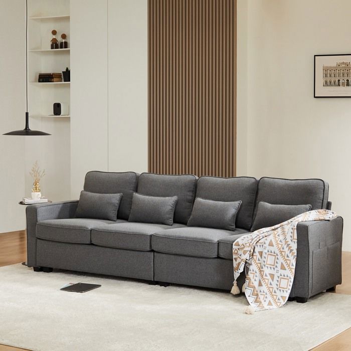 Canapé droit 4 places en Tissu de Lin avec Poches accoudoirs et 4 Coussins canapé de Style Simple 264x83x87cm Gris foncé