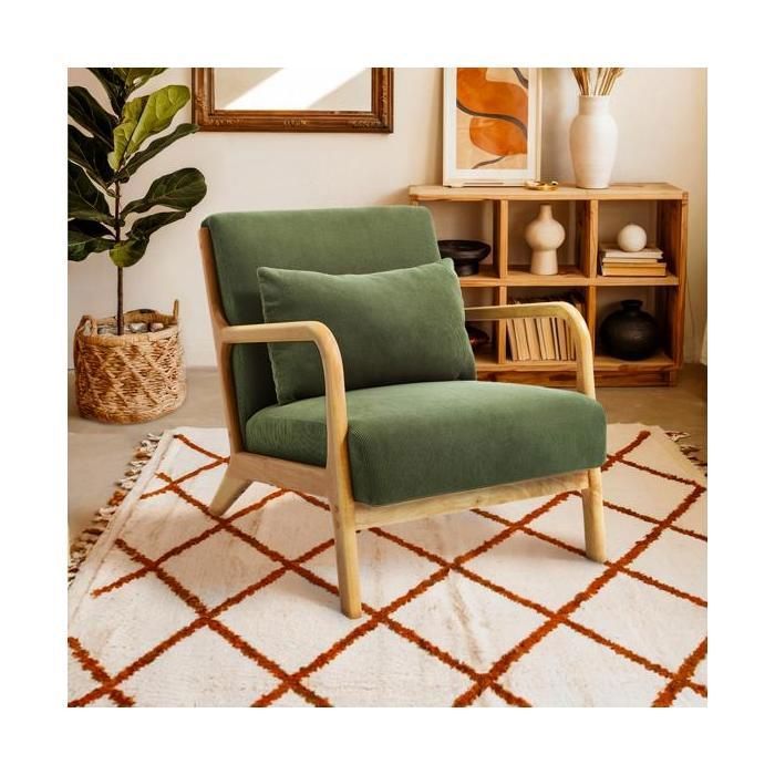 Fauteuil Scandinave Vintage - Sicaan - MARIE - Tissu Velours Côtelé - L.65 x P.84 x H.74 cm - Kaki