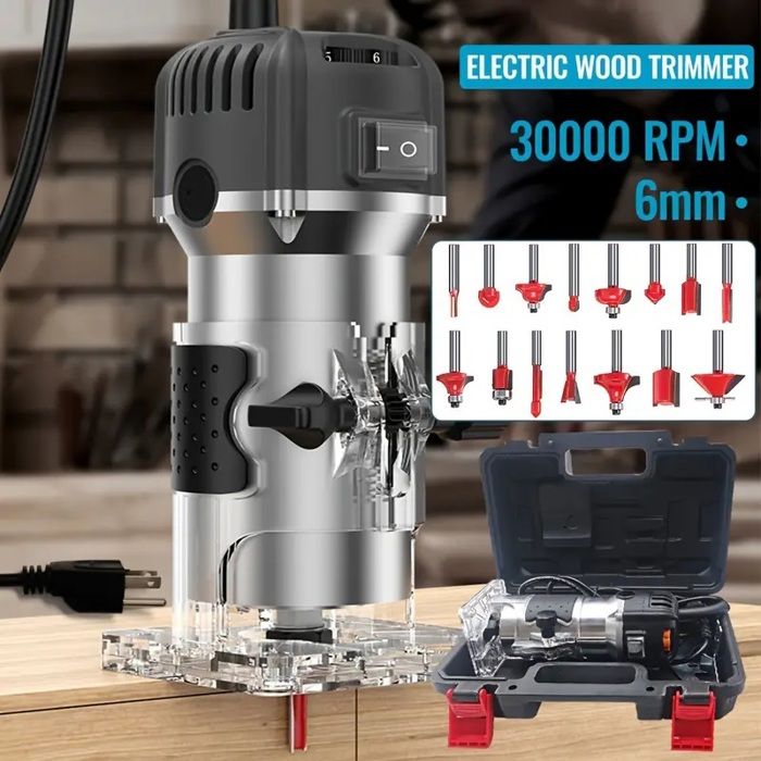 Affleureuse Défonceuse Électrique 800W 28000 RPM – Fraiseuse à Bois Portable 6,35 Mm, 6 Vitesses, 15 Fraises Incluses, Idéale Pour Chanfreiner, Rainurer Et Sculpter