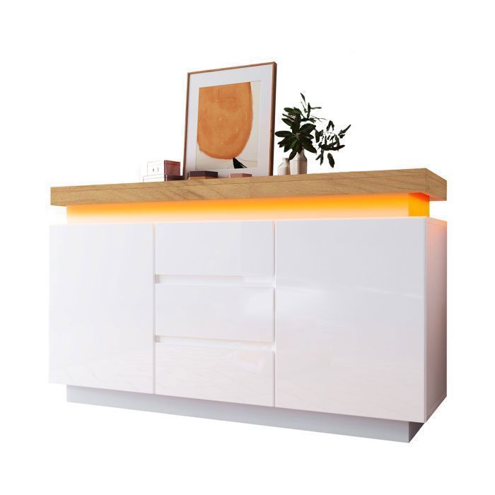 Buffet Blanc - Brillant 2 Portes 3 Tiroirs - Moderne Eclairage LED 140x39x81cm