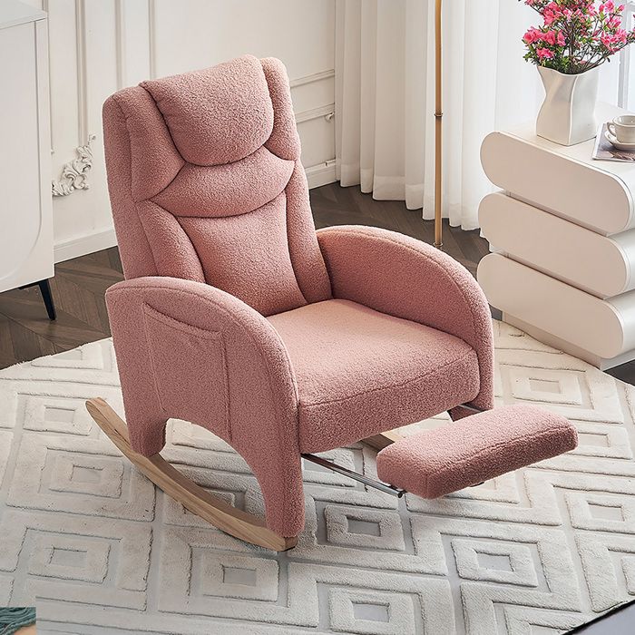 Fauteuil à bascule Fauteuil relax rembourré tissu Teddy rose pour salon chambre Fauteuil à bascule Fauteuil relax rembourré tissu Teddy rose pour salon chambre