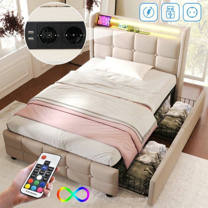 Lit Coffre 90x200 Cm Avec Tiroirs, LED RGB, USB – Sommier à Lattes – Gris Lin – Idéal Petit Espace