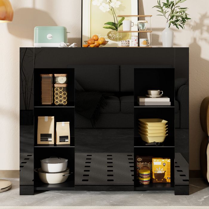 Buffet bas 95×35×83 cm avec étagères en verre Buffet de cuisine avec porte darmoire Buffet salon en brillante noir