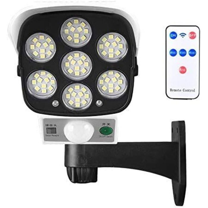 Lampe solaire dextérieur avec détecteur de mouvement sans fil et caméra de sécurité factice IP66 étanche 77 LED lampe murale spot