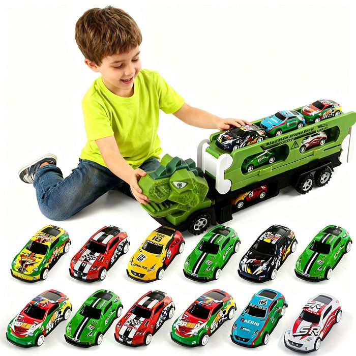 Camion Dinosaure Transporteur – 12 Voitures En Tôle – Se Transforme En Circuit De 90 Cm – 2 En 1 – Dès 3 Ans – Cadeau