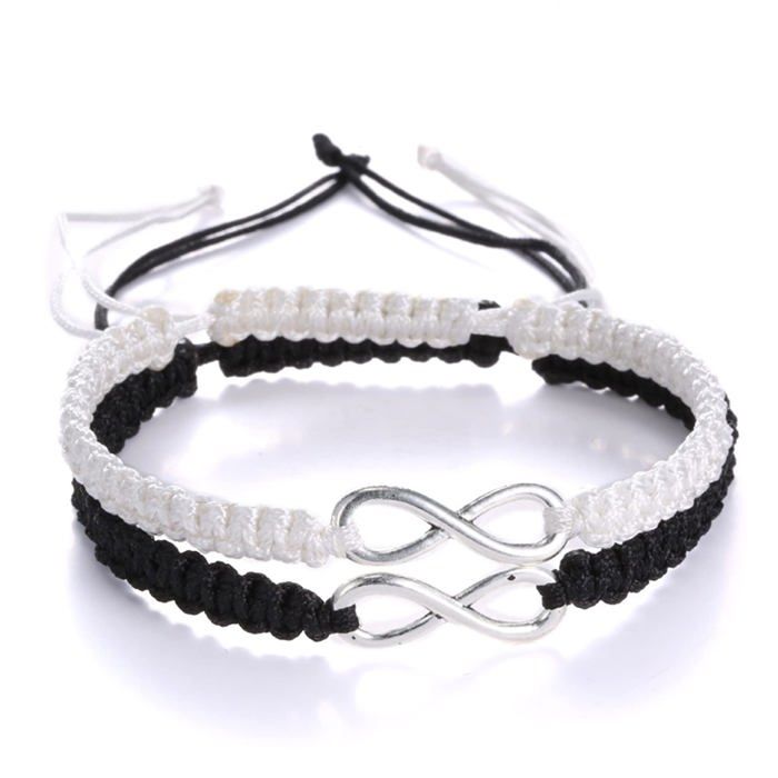 Bracelets infini tissé unisex - 2 pièces noir/blanc réglables - Convient pour femmes/filles couple Étiquette