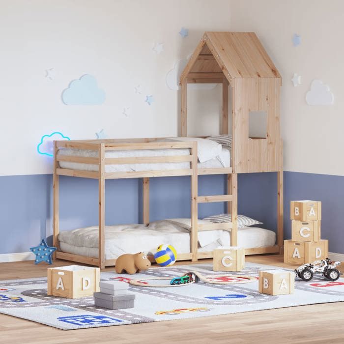 Lit superposé pour enfants - vidaXL - 80x200 cm - Bois de pin massif - Brun - Toit avec porte latérale Lit superposé pour enfants - vidaXL - 80x200 cm - Bois de pin massif - Brun - Toit avec porte latérale