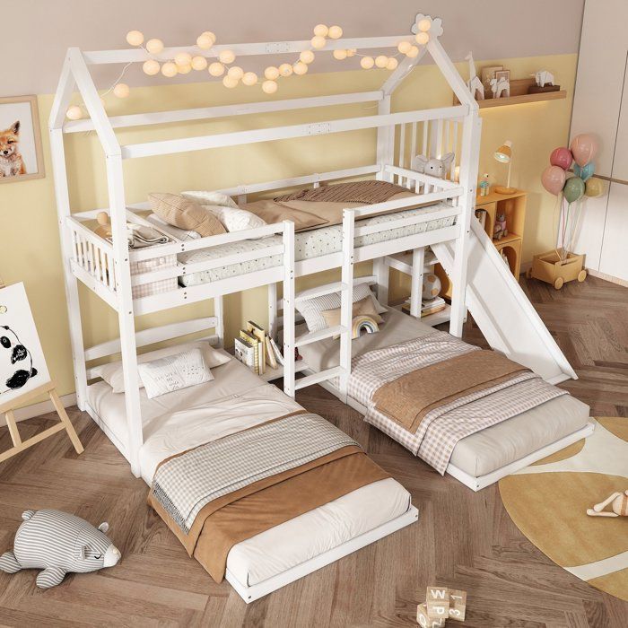 Lit superposé maison 3 couchages 90x200 cm en pin/MDF blanc toit décoratif et toboggan ludique