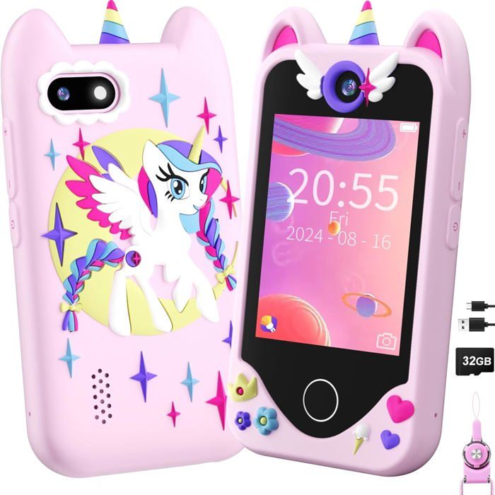 Telephone Portable Enfant Jouet - Téléphone pour Enfant avec écran TactileCamérasApprentissage JouetJeux avec Carte SD de 32 Go