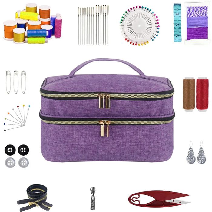 Boîte à Couture Violette Double Couche - Grand Sac Rangement Organisateur Portable Pour Fournitures