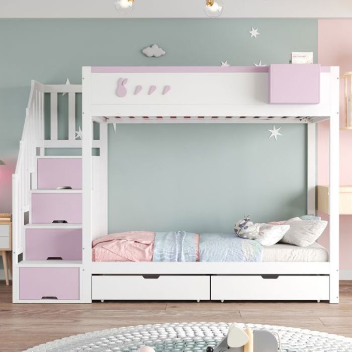 Lit superposé enfant 90 x 200 cm avec 2 tiroirs et escalier de rangement et sommier étagère de rangement amovible Blanc + Rose