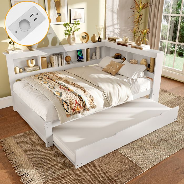 Canapé-lit extensible - 140x200 cm - Blanc - Prise et 2 ports USB - Sommier à lattes - Tiroirs de rangement - MDF et Pin