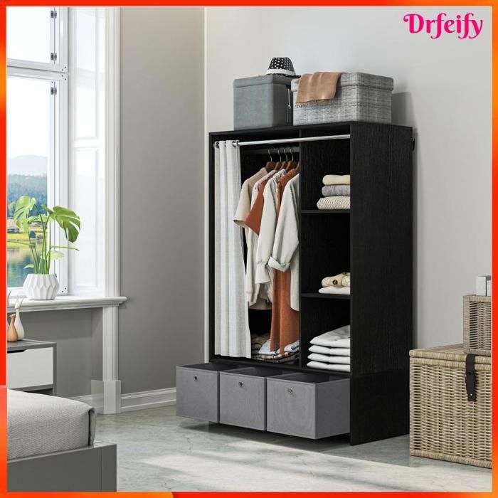 Armoire penderie - AKOZON - 10188 - 105 x 48 x 160 cm - Tringle 117 5 cm - 3 tiroirs tissu