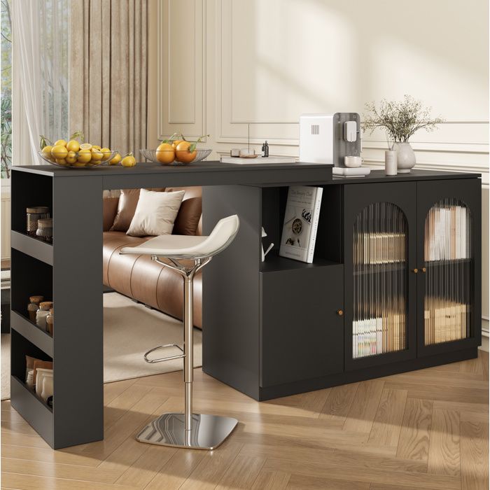 Meuble bar pivotant noir L 120 x P 40 x H 97 cm MDF rotation 360° portes verre