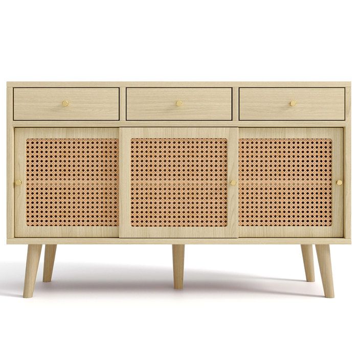 Buffet - Bahut Moderne 3 Tiroirs 3 Portes Coulissantes Cannage Rotin - Étagères Réglables - 120x40x78 cm - Naturel