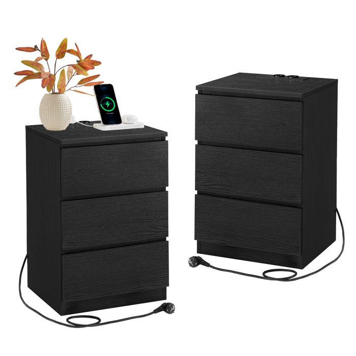 Table de Chevet avec Multiprise Lot de 2 avec 3 Tiroirs 2 Prises CA 2 Ports USB Moderne Noir