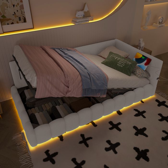 MIVRAY Lit Banquette Lit Simple avec Coffre USB Type-C et LED Réglable 90×200 cm sans Matelas Blanc