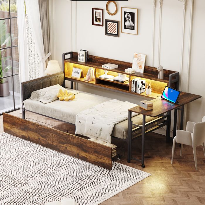 Lit Simple 90x200 cm Combiné avec Bureau Pliant LED Prise 2 Tiroirs de Rangement - en Bois Marron