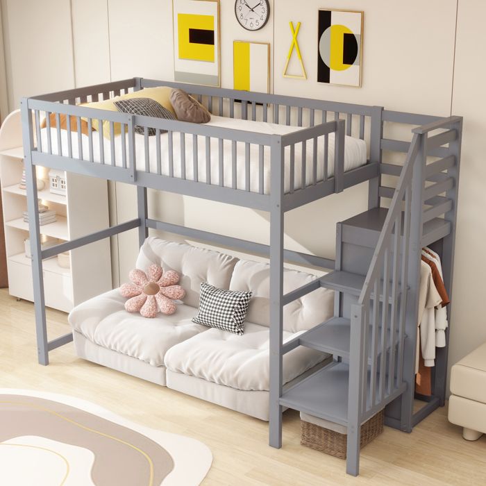 Lit mezzanine- 90x200cm- lit enfant avec escalier étagère de rangement armoire simple- bois massif+contreplaqué+MDF- gris Lit mezzanine- 90x200cm- lit enfant avec escalier étagère de rangement armoire simple- bois massif+contreplaqué+MDF- gris
