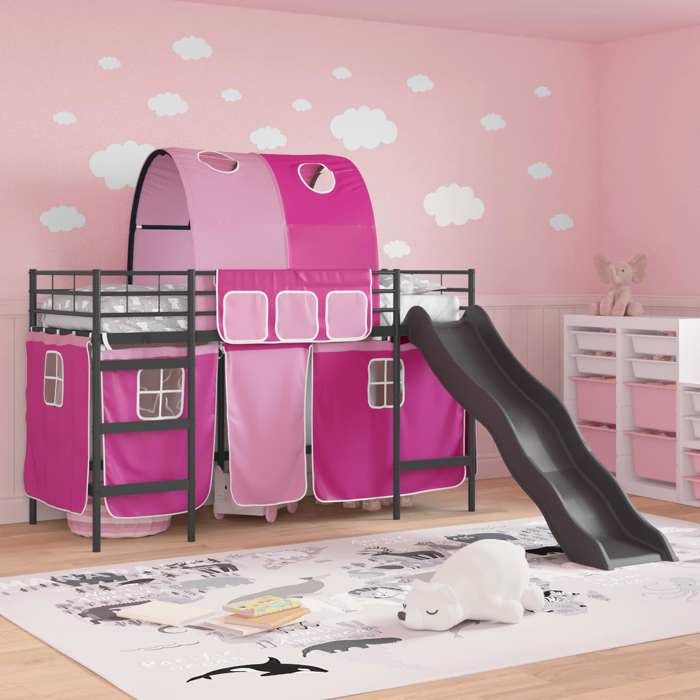 Magnifique Lit mezzanine pour enfants - SARAZYJ - Design loft - Meuble de chambre - Noir et rose 745 x 190cm Métал - 186780