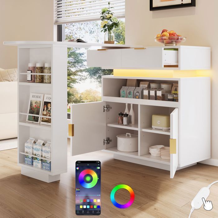 LINHOO Îlot de Cuisine Extensible avec LED Table Bar Rotative Rangement Multifonction Design Moderne