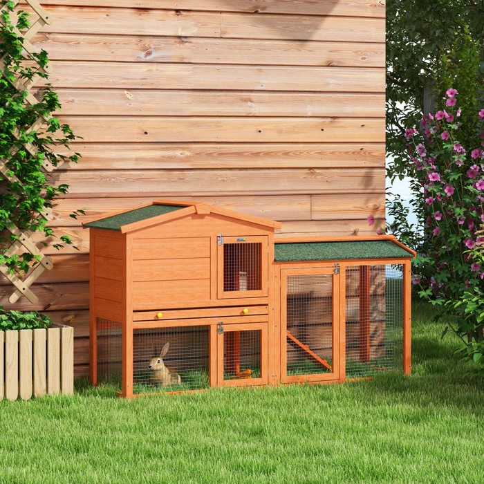 Clapier lapin 2 niveaux résistant hiver bois sapin enclos rampe 150x45x85cm extérieur lapin cobaye orange.