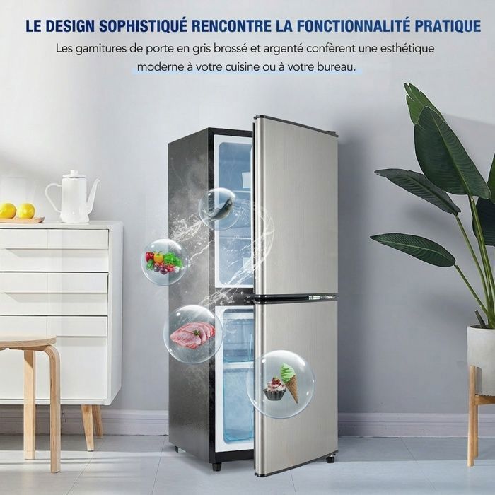 Mini Réfrigérateur 2 Portes 106L avec Congélateur 46L Petit Frigo Silencieux 45dB Thermostat 7 Niveaux Argenté 42.5x44.5x102cm