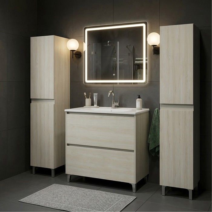 Ensemble meuble vasque L.80cm + 2 colonnes sur pied 2 tiroirs Chêne blanchi LISBONA Ensemble meuble vasque L.80cm + 2 colonnes sur pied 2 tiroirs Chêne blanchi LISBONA