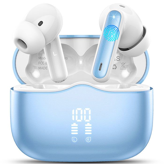 Écouteurs Sans Fil Bluetooth 5.4 HiFi Stéréo avec ENC Réduction Antibruit Mic 40H Autonomie Affichage LED IP7 Étanche - Lac Bleu