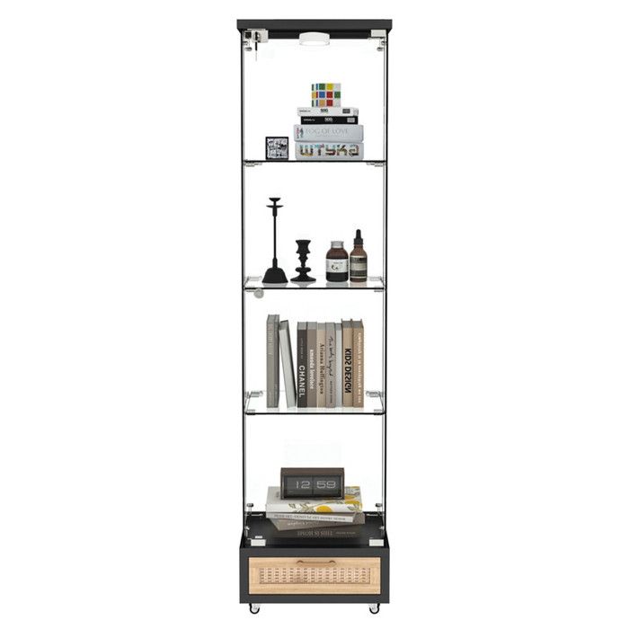 Vitrine Moderne 1 Porte avec Éclairage LED Bibliothèque Armoire de Rangement en Verre Trempé avec Tiroirs - noir 167x425x365 cm