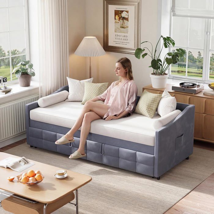 Canapé-lit multifonctionnel extensible 90/180x200 2 places sommier lattes rembourré dossier enfant lit dappoint