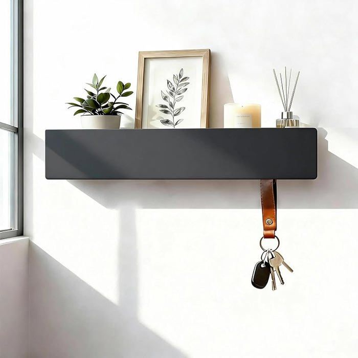 Porte-Clés Murale avec Étagère Accroche Clef Mural Noir Rangement Clef Mural Facile à Installer Rangement ou Noir 42cm