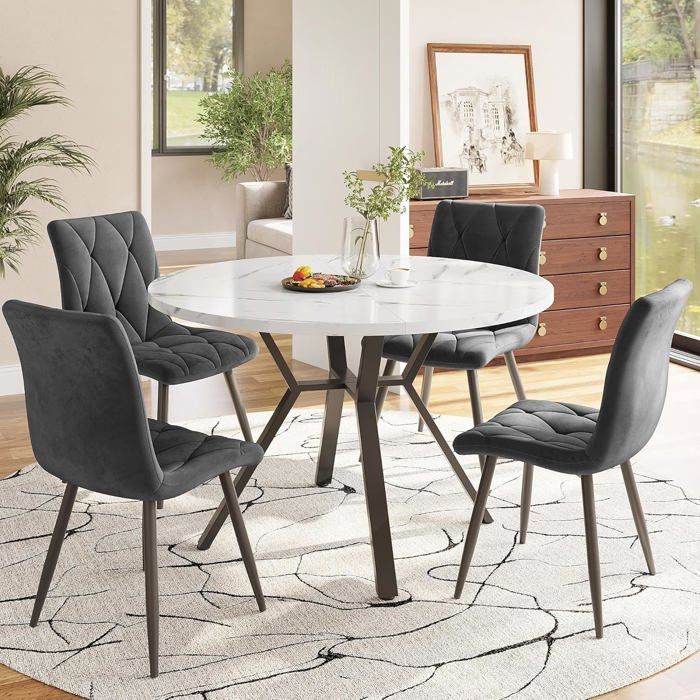 Table a Manger avec 4 chaises-Table Salle à Manger Ronde en marbre avec Pieds de Table en métal Noir-  avec chaises en Daim Gris