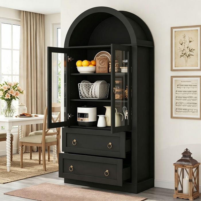 Armoire de Rangement Haute en Arc 80x36x170 cm - Buffet Cuisine Meuble de Rangement avec Tiroirs et Portes Verre