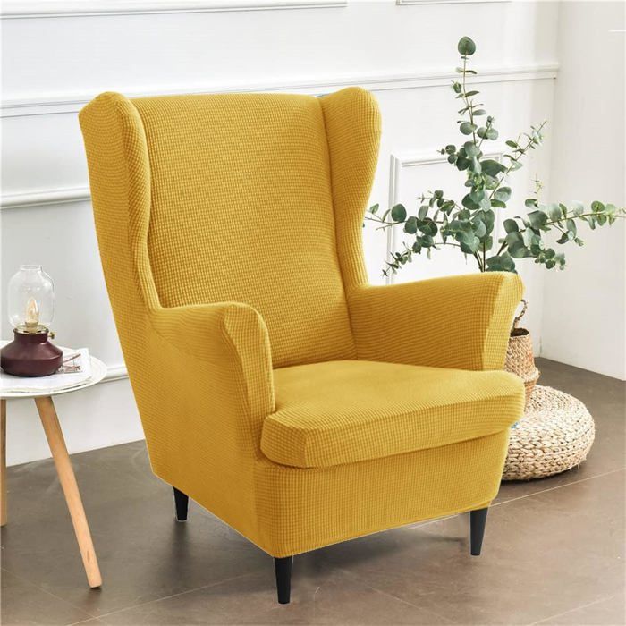 Housse de Fauteuil à Oreilles Extensible 2-Pièces Couverture de Fauteuil avec Housse de Coussin en T Couleur Unie Jacquard (Jaune)