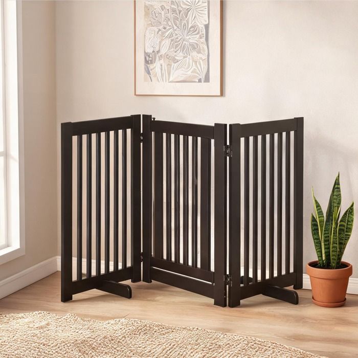Barrière de sécurité autoportante pliable brune en MDF avec porte 3 panneaux ajustables pour chien