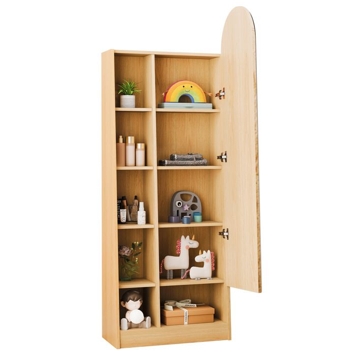 Meuble à chaussures avec miroir pleine hauteur – Armoire de rangement MDF aspect bois naturel – 60 x 28 x 165 cm
