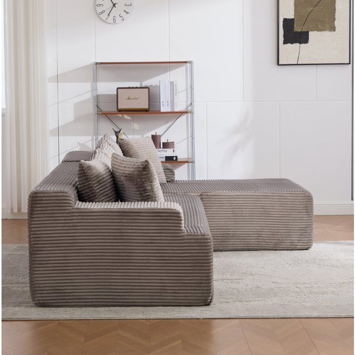 Canapé d’angle modulable compressé en chenille grise mousse 30D livré monté 272 cm