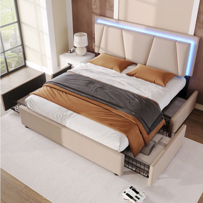 WUVRIE Lit double 140x200 cm avec matelas LED 4 tiroirs tête de lit réglable beige