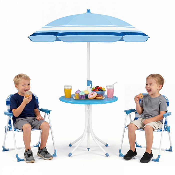 Salon de Jardin Enfant COSTWAY Table de Pique-Nique Extérieur avec 2 Chaises Pliable et Parasol pour 3 Ans+ Bleu Salon de Jardin Enfant COSTWAY Table de Pique-Nique Extérieur avec 2 Chaises Pliable et Parasol pour 3 Ans+ Bleu
