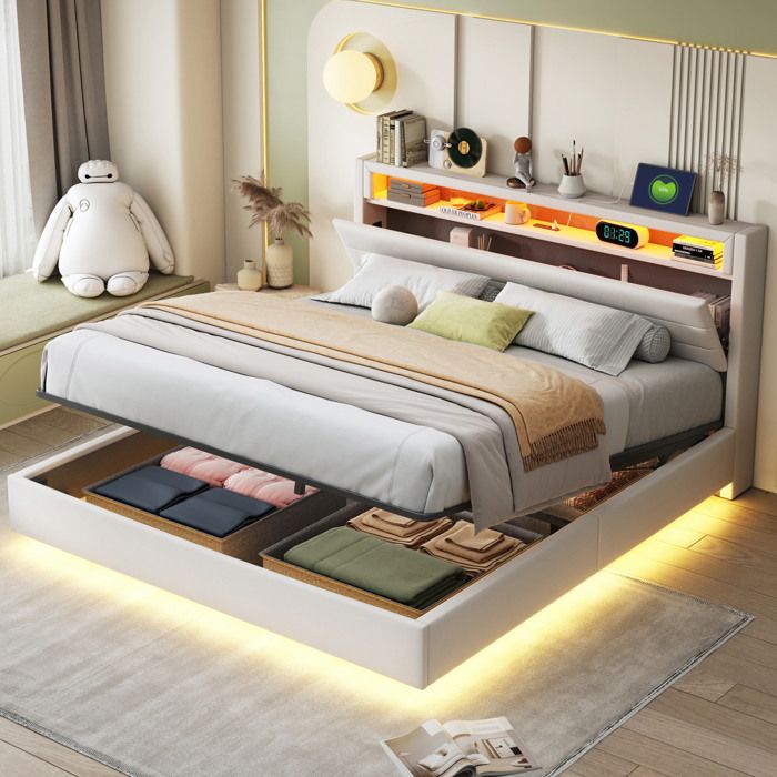 COVREO Lit coffre 160x200 cm avec rangement hydraulique LED prise USB tête de lit avec rangement beige